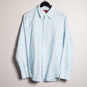 Deadstock Y2K Guess Linen Button Down Shirt Mens Medium Light Blue Embroidered